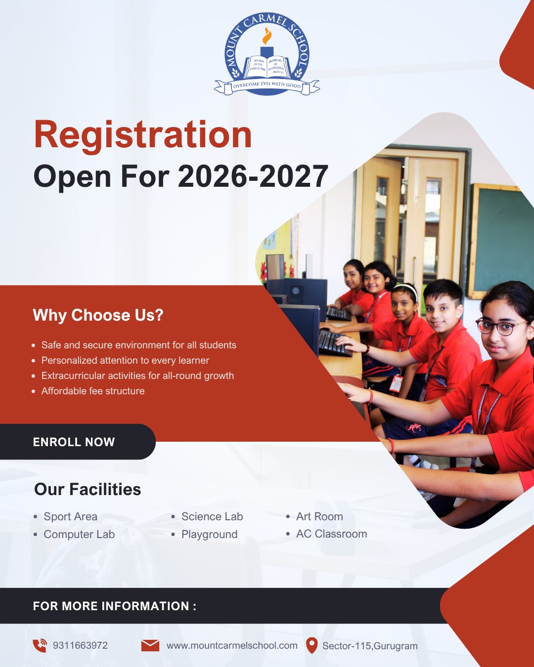🌟 Admissions Open 2026–27! 🌟
Give your child the gift of learning, creativity & growth at Mount Carmel School, Gurugram – Sector 115! 🏫✨
📚 Modern classrooms | 🎨 Co-curricular activities | 👩🏫 Personal attention
📲 WhatsApp us now to register!
#MountCarmelSchool #AdmissionsOpen #GurugramSchools #FutureLeaders #EducationMatters #SchoolLife