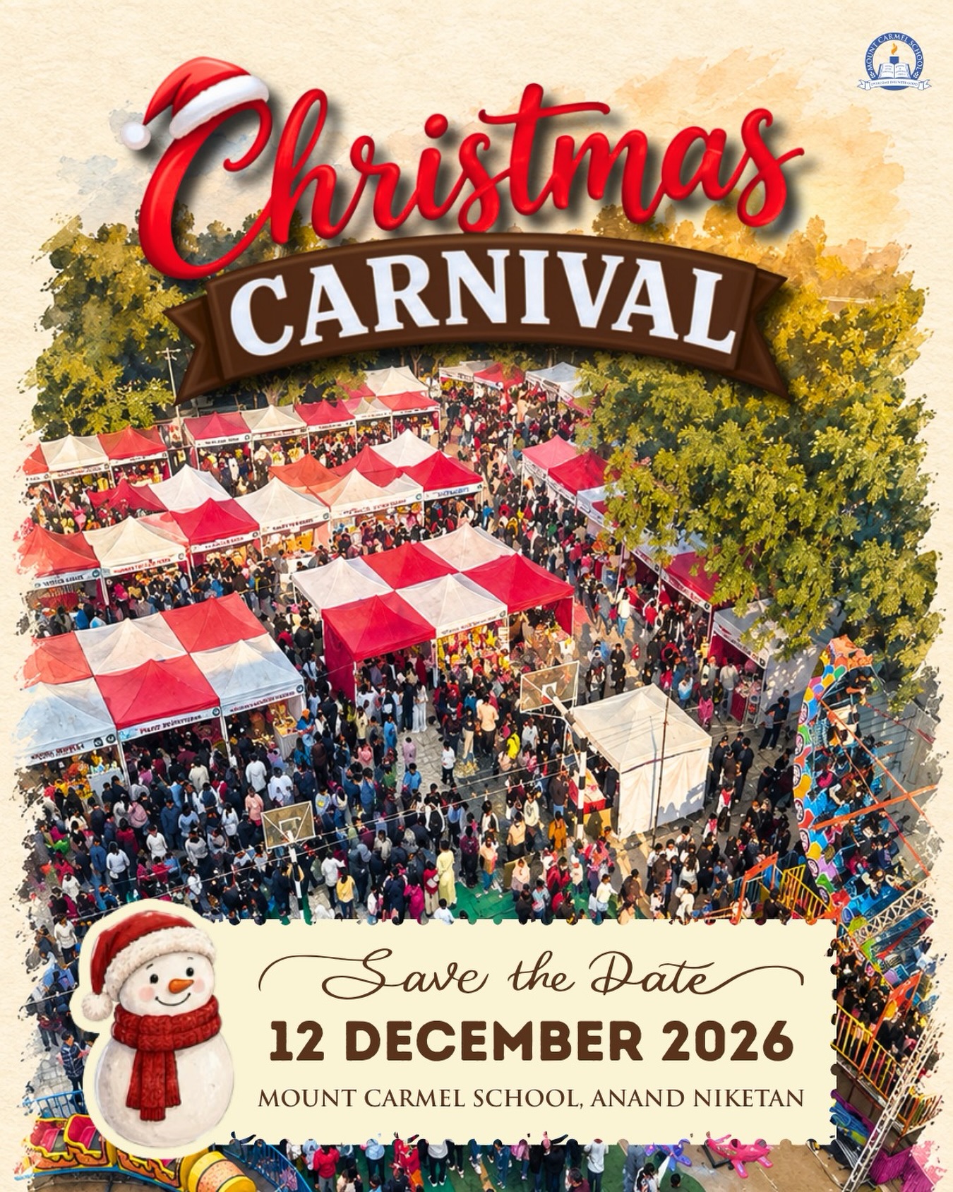 🎄✨ Save the Date! ✨🎄
Christmas celebrations are coming to Anand Niketan! 🎅🎉

The Mount Carmel Alumni Association, in collaboration with Mount Carmel Schools, invites you to the Christmas Carnival 2026 — a day filled with festive fun, laughter and togetherness.
📍 Mount Carmel School, Anand Niketan
📅 12 December 2026
Get ready for exciting games, live music, fun activities, delicious food, fabulous prizes and loads of Christmas cheer! 🎶🎡🍔🎁
Bring along your family and friends and make wonderful memories together as we celebrate the festive season! ❤️

Save the date. The Carnival awaits! 🎄✨
#ChristmasCarnival2026 #MountCarmelSchool #MCSAnandNiketan #SaveTheDate #ChristmasAtMCS